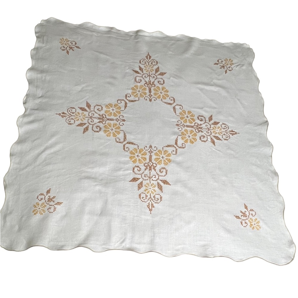 Vintage Mid Century Embroudered Cross Stitch Tablecloth